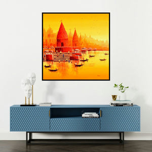 'Banaras Ghat 14' painting by Reba Mandal shown on a wall in a furnished room.