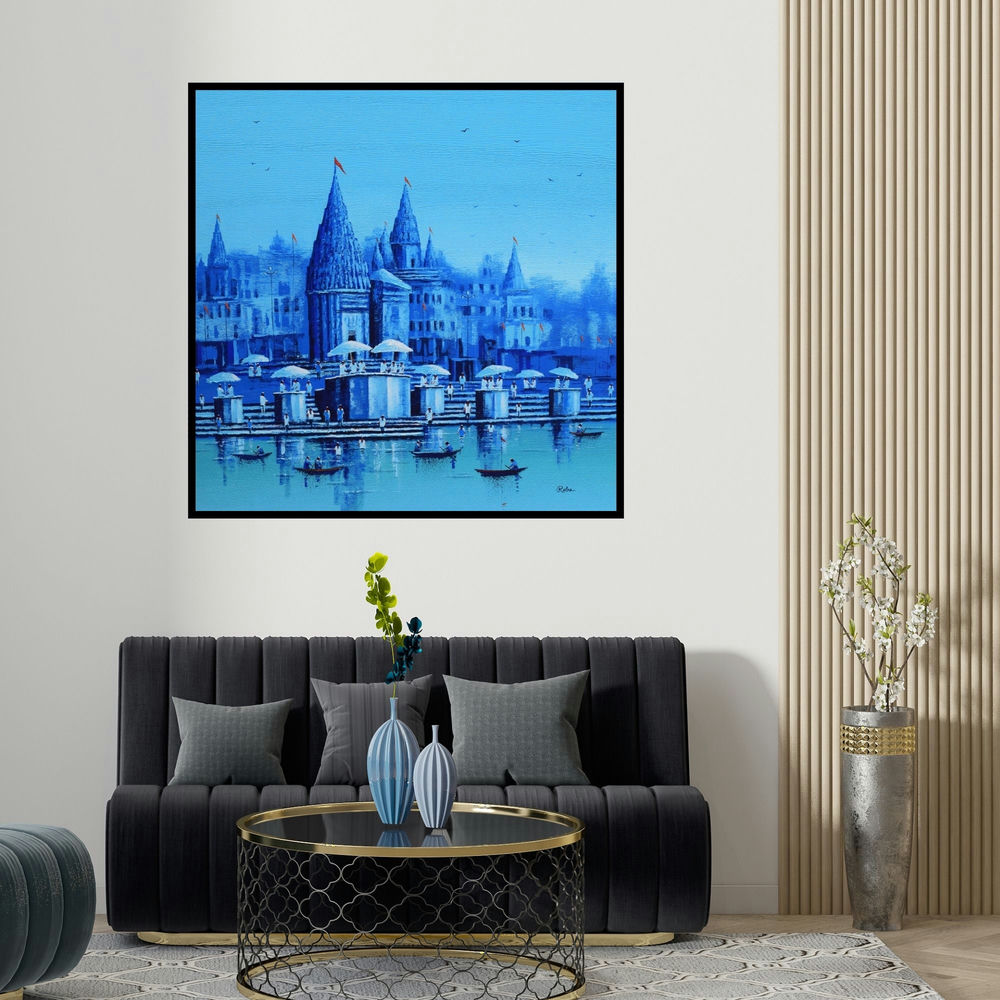 Reba Mandal's 'Banaras Ghat 15' painting visualized above a sofa in a contemporary room.