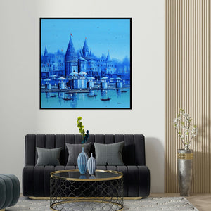 Reba Mandal's 'Banaras Ghat 15' painting visualized above a sofa in a contemporary room.