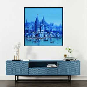 'Banaras Ghat 15' painting by Reba Mandal shown on a wall in a furnished room.