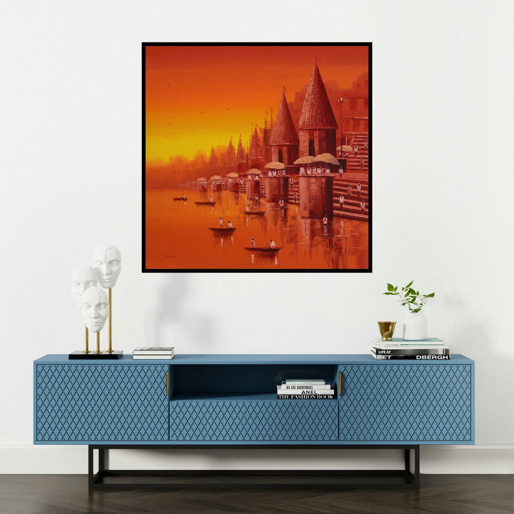 'Banaras Ghat 17' painting by Reba Mandal shown on a wall in a furnished room.