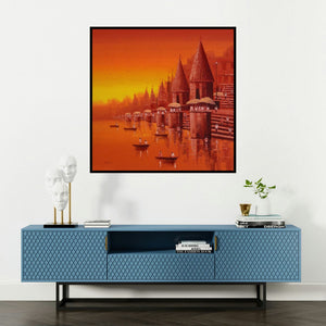 'Banaras Ghat 17' painting by Reba Mandal shown on a wall in a furnished room.