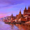 Banaras Ghat 2' religious acrylic painting by artist Vinayak Potdar, 33x55 inch, on canvas