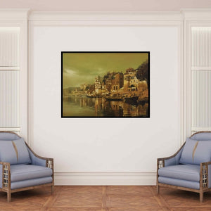 In-situ view of Kamal Rao's 'Banaras Ghat 2' painting in a room