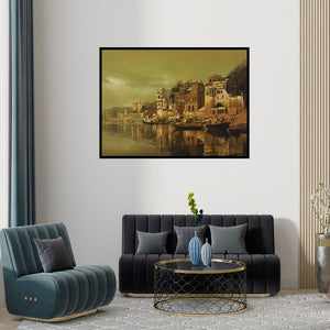 Preview of 'Banaras Ghat 2' Painting by Kamal Rao shown on a wall in a furnished room.