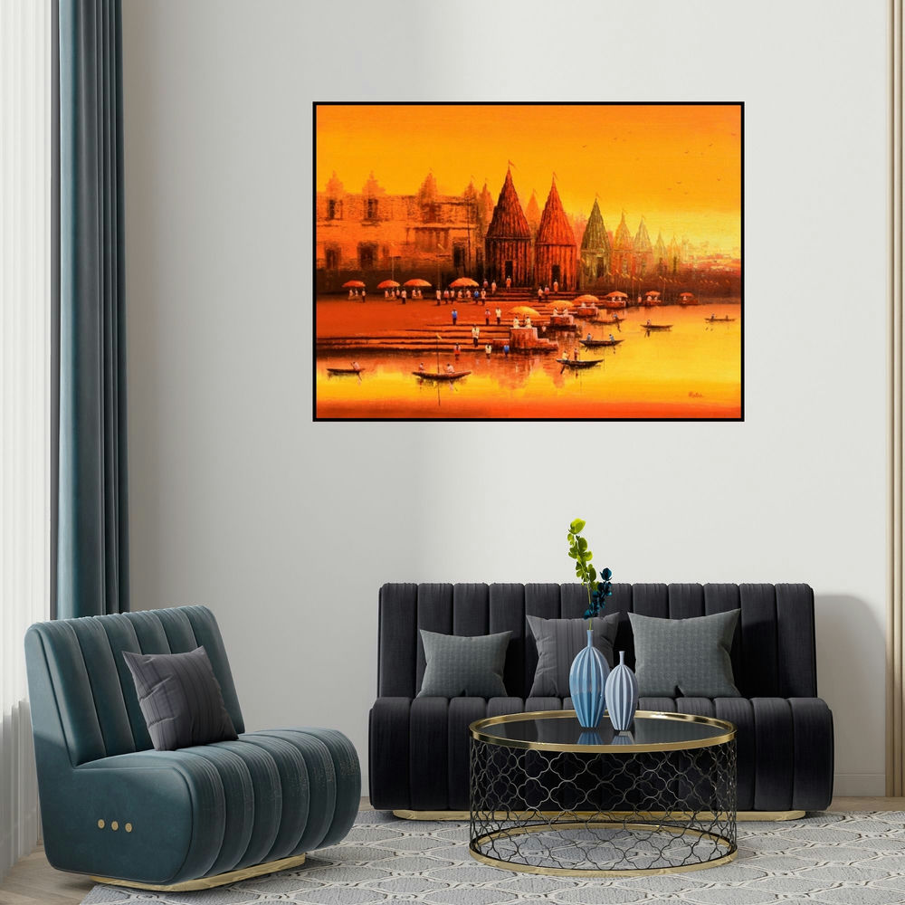 Reba Mandal's 'Banaras Ghat 20' painting visualized above a sofa in a contemporary room.