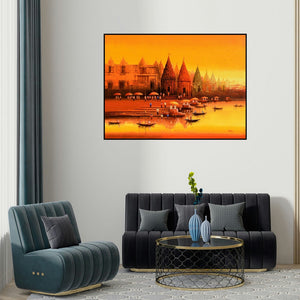 Reba Mandal's 'Banaras Ghat 20' painting visualized above a sofa in a contemporary room.