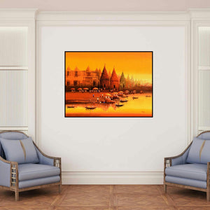 'Banaras Ghat 20' painting by Reba Mandal shown on a wall in a furnished room.