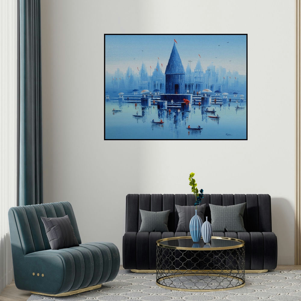 Reba Mandal's 'Banaras Ghat 21' painting visualized above a sofa in a contemporary room.