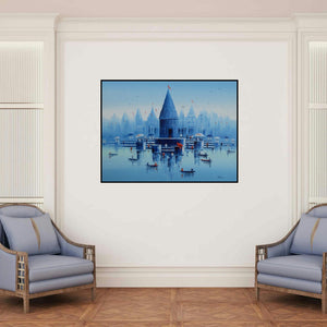'Banaras Ghat 21' painting by Reba Mandal shown on a wall in a furnished room.