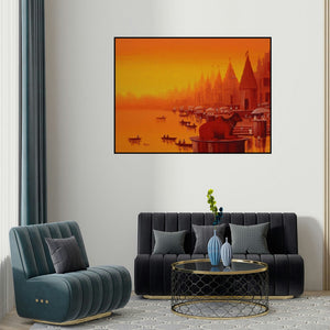 Reba Mandal's 'Banaras Ghat 22' painting visualized above a sofa in a contemporary room.