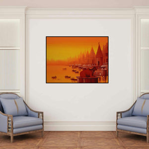 'Banaras Ghat 22' painting by Reba Mandal shown on a wall in a furnished room.