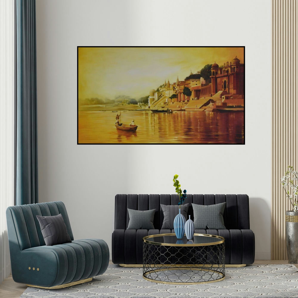 Kamal Rao's 'Banaras Ghat' painting visualized above a sofa in a contemporary room.