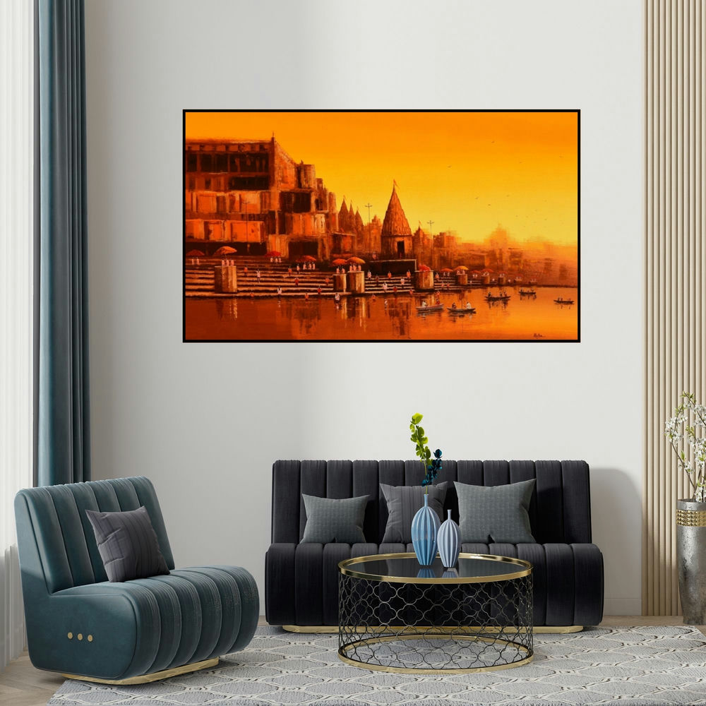 Reba Mandal's 'Banaras Ghat 24' painting visualized above a sofa in a contemporary room.
