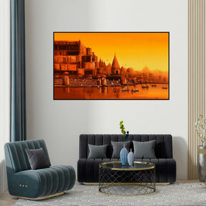 Reba Mandal's 'Banaras Ghat 24' painting visualized above a sofa in a contemporary room.