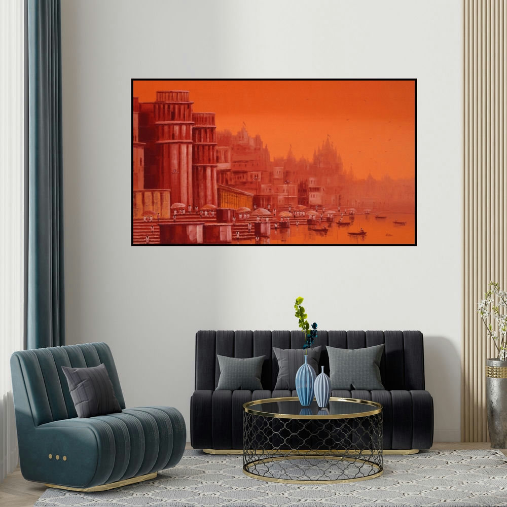Reba Mandal's 'Banaras Ghat 25' painting visualized above a sofa in a contemporary room.