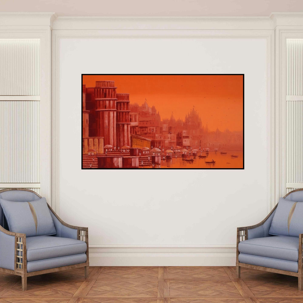 'Banaras Ghat 25' painting by Reba Mandal shown on a wall in a furnished room.