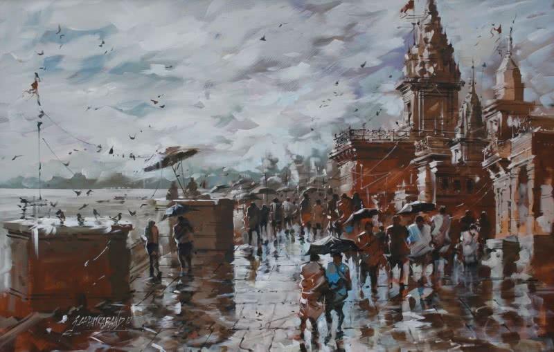 Cityscape acrylic painting titled 'Banaras Ghat 25', 33x51 inches, by artist Sandeep Chhatraband on Canvas