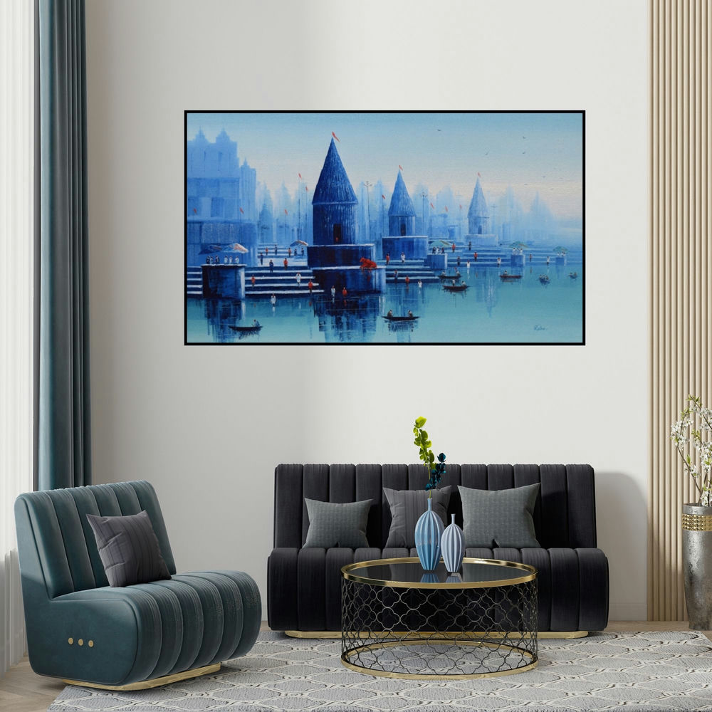 Reba Mandal's 'Banaras Ghat 26' painting visualized above a sofa in a contemporary room.