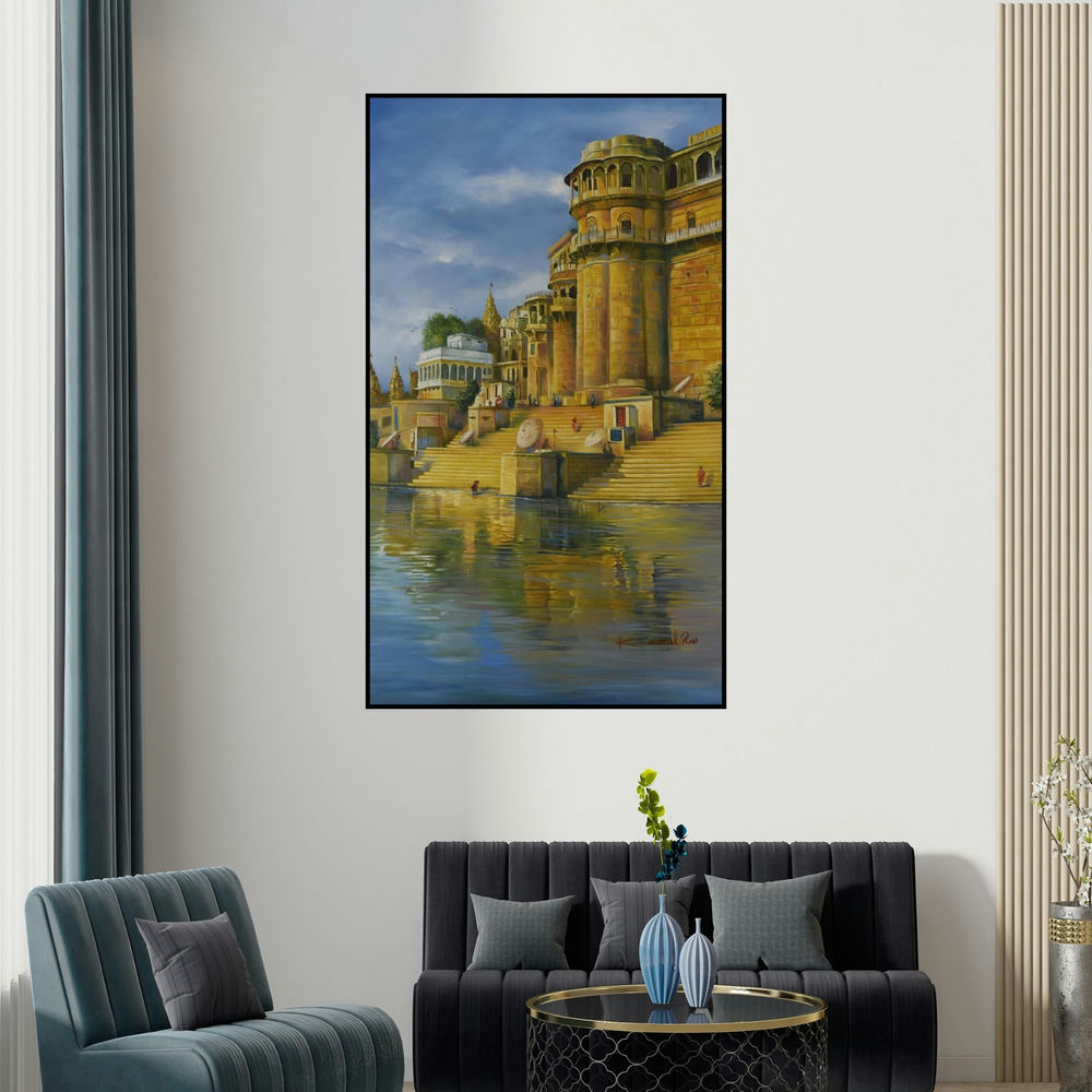 Kamal Rao's 'Banaras Ghat (Varanasi Reflections)' painting visualized above a sofa in a contemporary room.