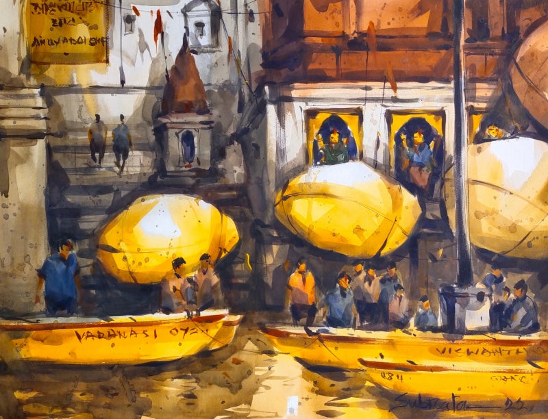 Banaras Ghat 3' religious watercolor painting by artist Subrata Malakar, 22x30 inch, on paper