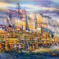 'Banaras Ghat 3' religious watercolor painting by artist Ajoy Bhowmick, 35x64 inch, on paper