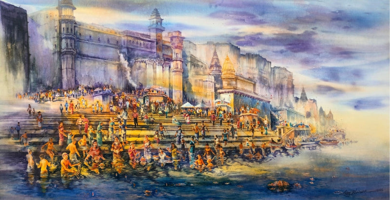 'Banaras Ghat 3' religious watercolor painting by artist Ajoy Bhowmick, 35x64 inch, on paper