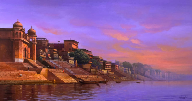Banaras Ghat 3' religious acrylic painting by artist Vinayak Potdar, 33x55 inch, on canvas