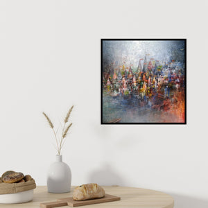 In-situ view of M Singh's 'Banaras Ghat' painting in a room