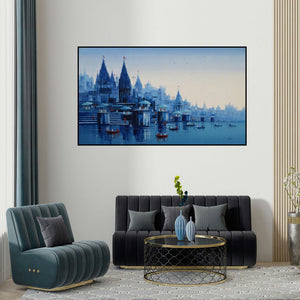 Reba Mandal's 'Banaras Ghat 32' painting visualized above a sofa in a contemporary room.