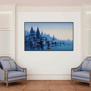 'Banaras Ghat 32' painting by Reba Mandal shown on a wall in a furnished room.
