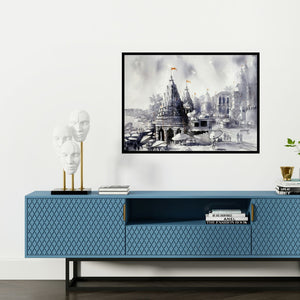 Preview of 'Banaras Ghat (Sacred Ghats of Varanasi)' Painting by Sanjay Dhawale shown on a wall in a furnished room.