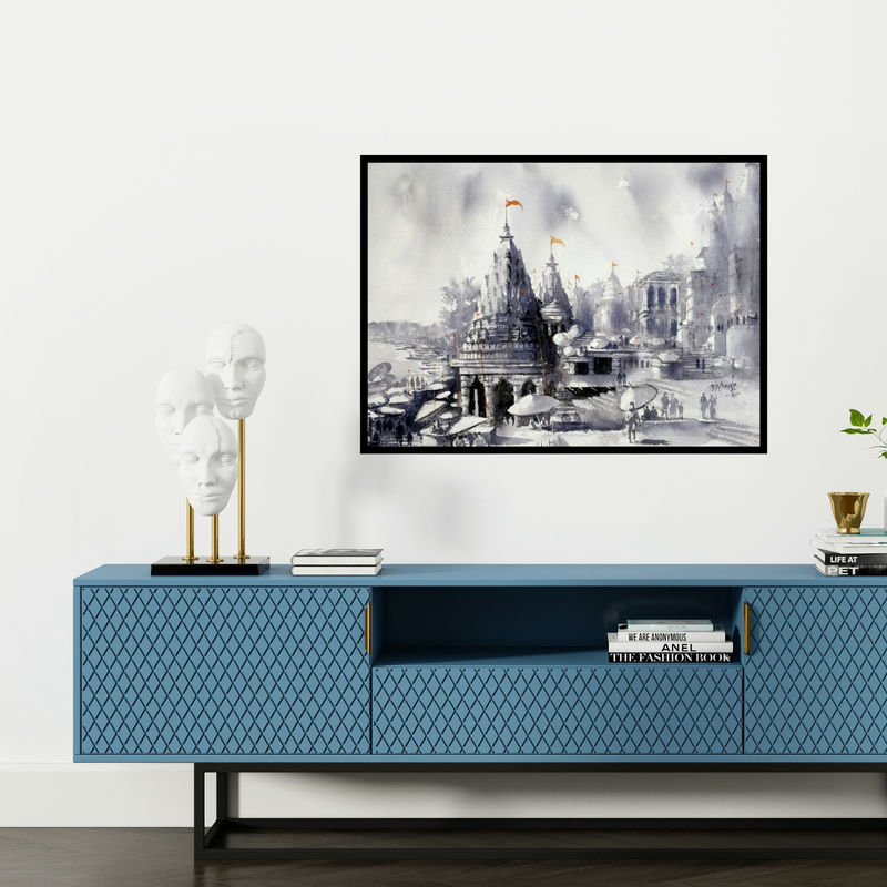 Preview of 'Banaras Ghat (Sacred Ghats of Varanasi)' Painting by Sanjay Dhawale shown on a wall in a furnished room.