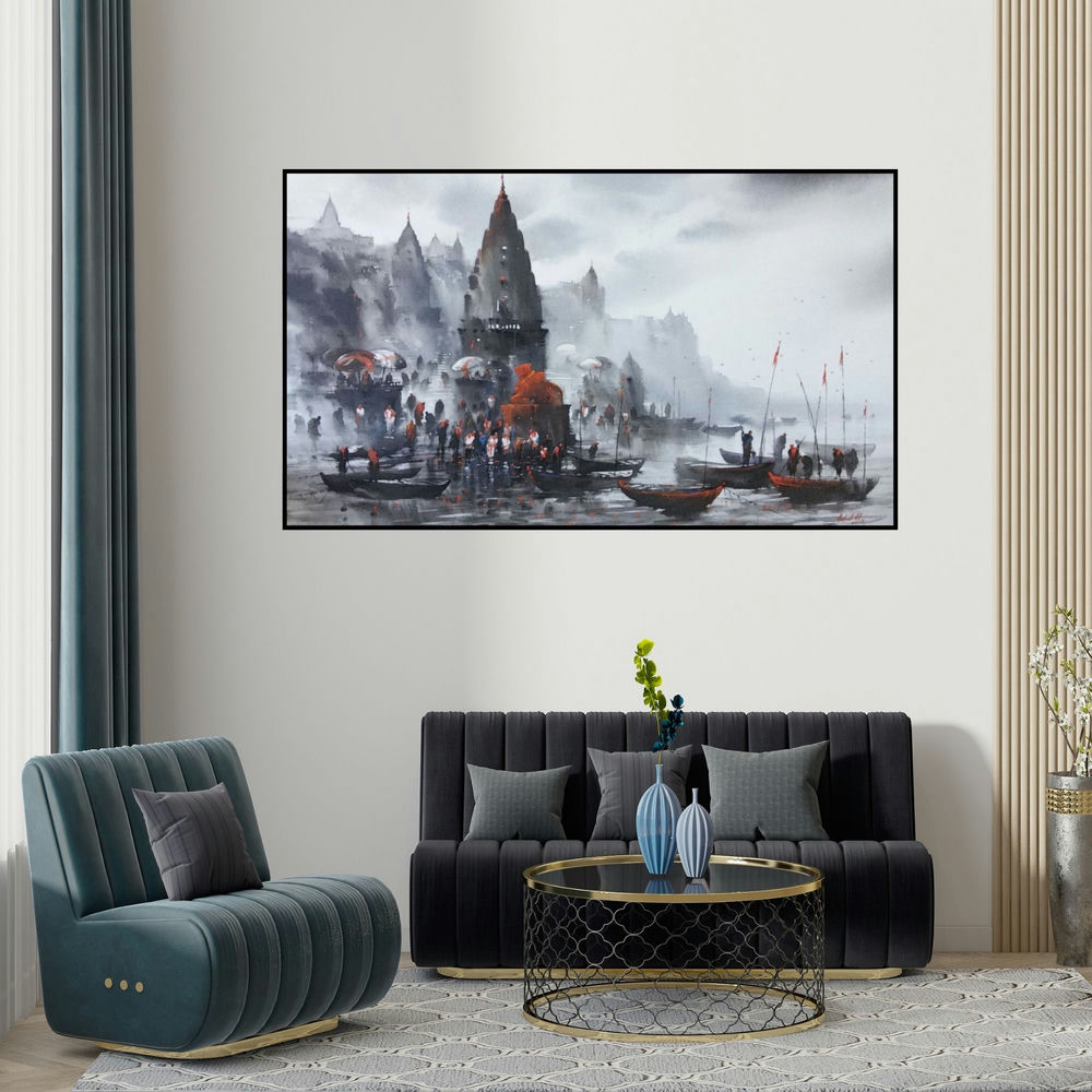 Ashif Hossain's 'Banaras Ghat 36' painting visualized above a sofa in a contemporary room.