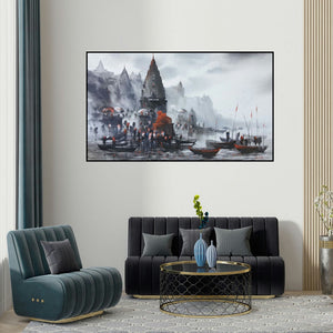 Ashif Hossain's 'Banaras Ghat 36' painting visualized above a sofa in a contemporary room.
