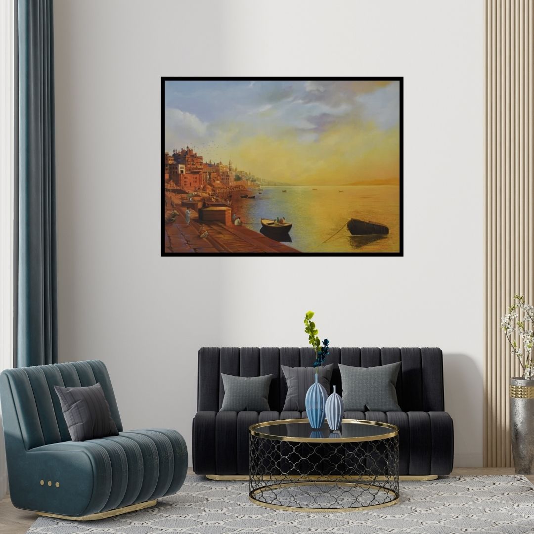 Preview of 'Banaras Ghat' Painting by Kamal Rao shown on a wall in a furnished room.