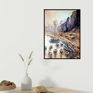 Sanjay Dhawale's 'Banaras Ghat (Sacred Waters)' painting visualized above a sofa in a contemporary room.