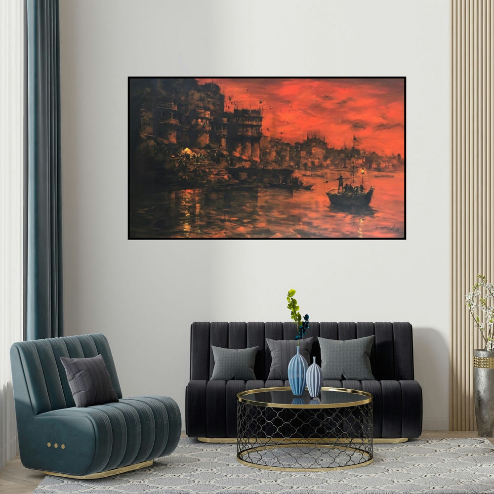 Sandeep Chhatraband's 'Banaras Ghat 41 (Sunset on the Ganges)' painting visualized above a sofa in a contemporary room.