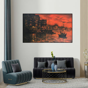 Sandeep Chhatraband's 'Banaras Ghat 41 (Sunset on the Ganges)' painting visualized above a sofa in a contemporary room.