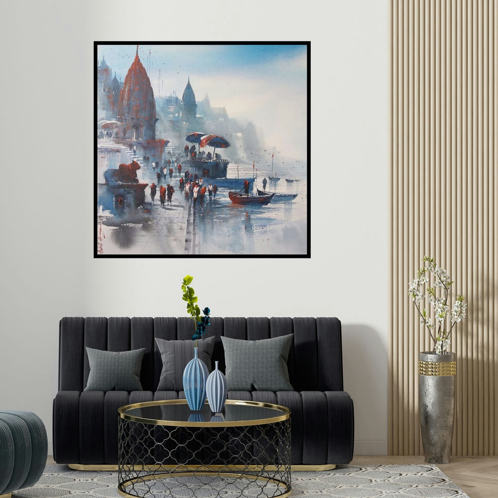 Ashif Hossain's 'Banaras Ghat 45' painting visualized above a sofa in a contemporary room.