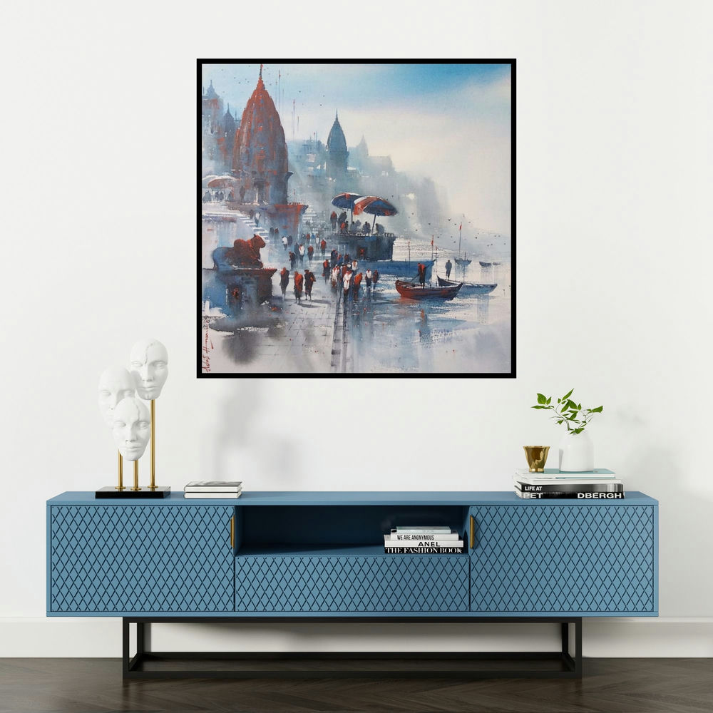 'Banaras Ghat 45' painting by Ashif Hossain shown on a wall in a furnished room.
