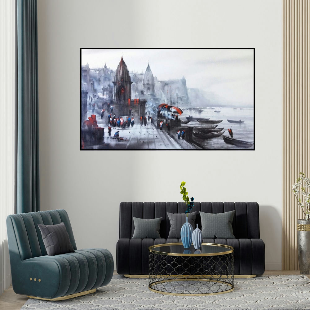 Ashif Hossain's 'Banaras Ghat 46' painting visualized above a sofa in a contemporary room.