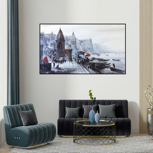 Ashif Hossain's 'Banaras Ghat 46' painting visualized above a sofa in a contemporary room.
