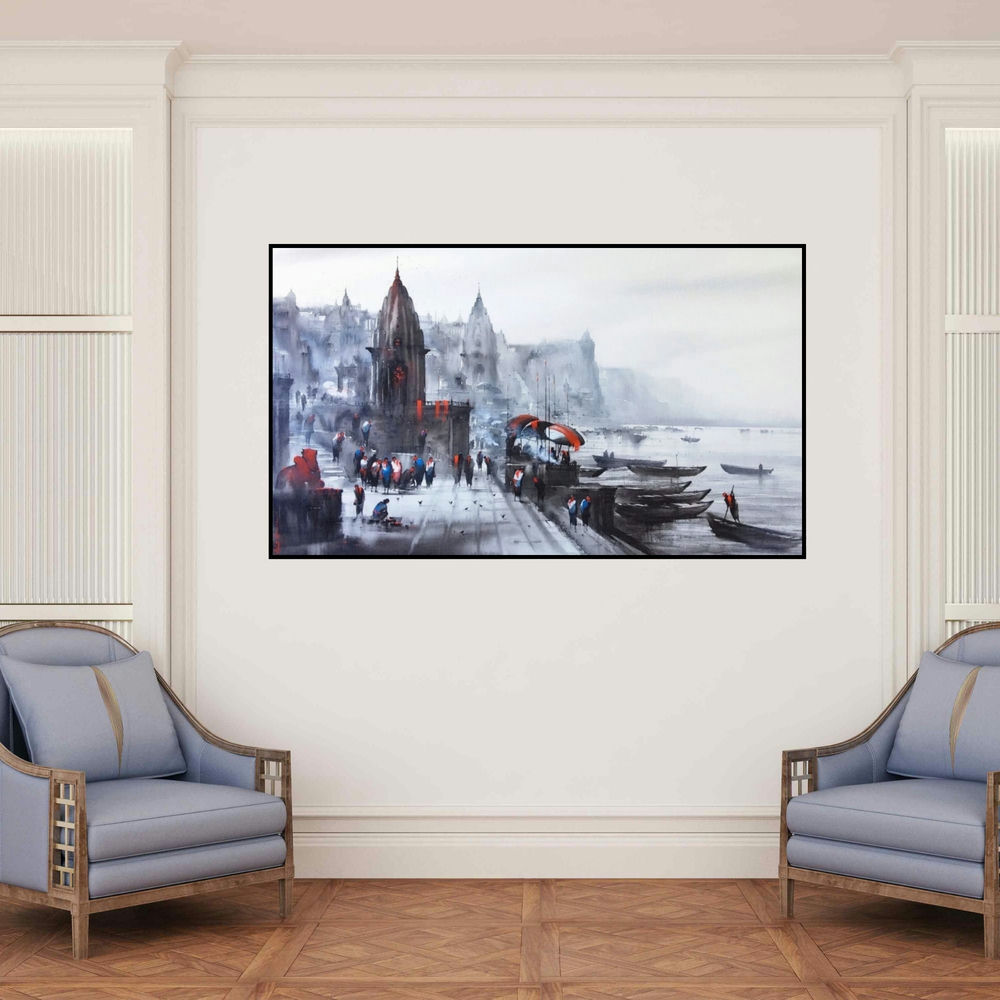'Banaras Ghat 46' painting by Ashif Hossain shown on a wall in a furnished room.