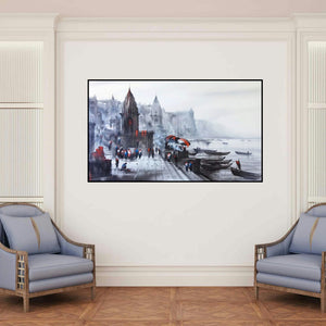'Banaras Ghat 46' painting by Ashif Hossain shown on a wall in a furnished room.