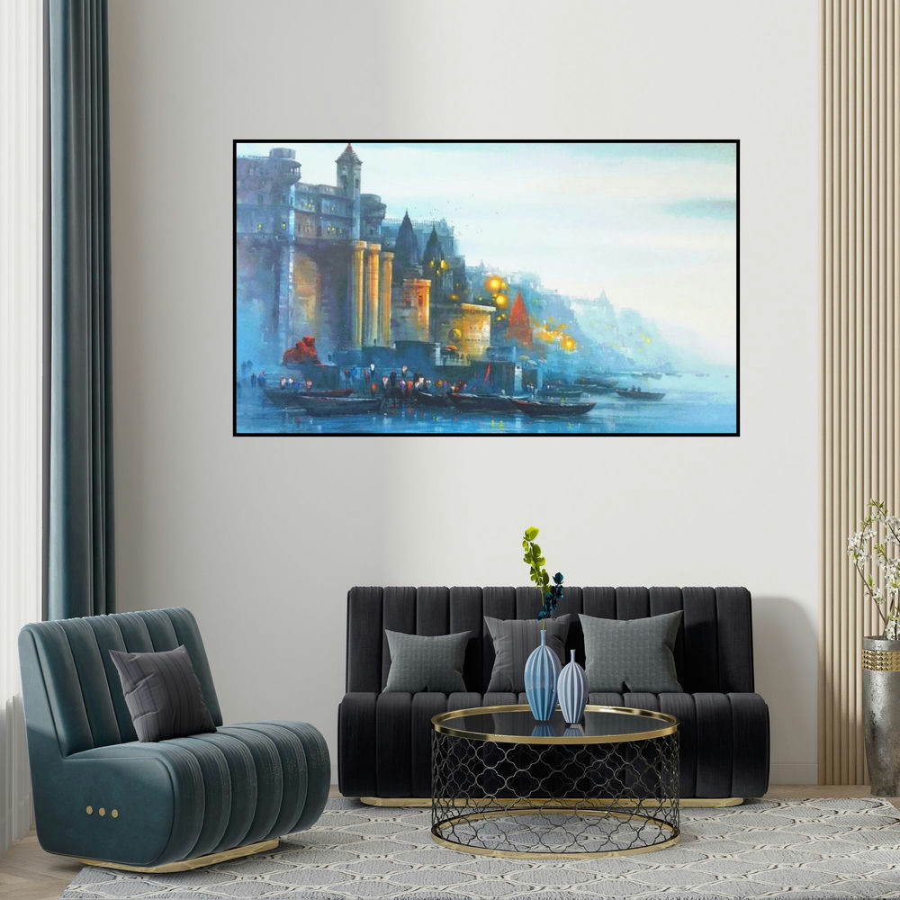 Ashif Hossain's 'Banaras Ghat 47 (Dawn on the Ganges)' painting visualized above a sofa in a contemporary room.