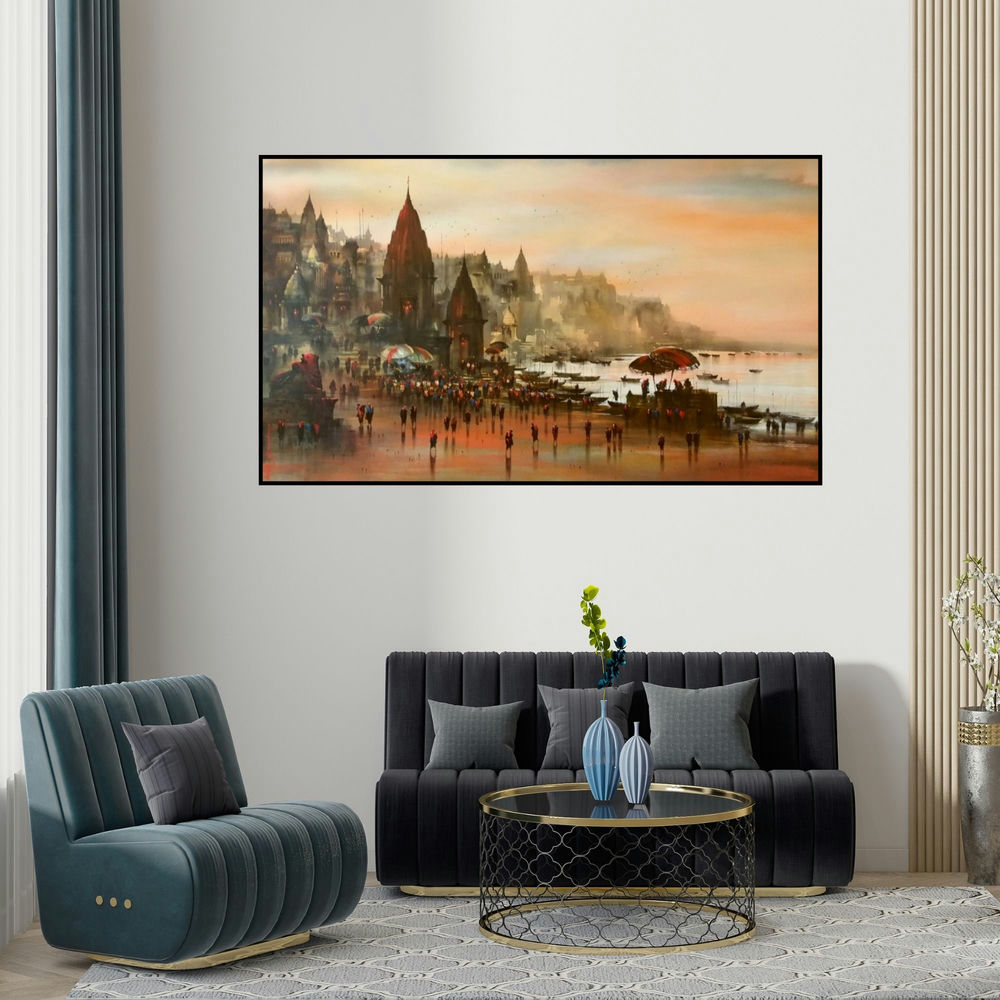 Ashif Hossain's 'Banaras Ghat 48' painting visualized above a sofa in a contemporary room.