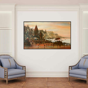 'Banaras Ghat 48' painting by Ashif Hossain shown on a wall in a furnished room.