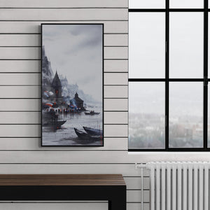 Preview of 'Banaras Ghat 49' Painting by Ashif Hossain shown on a wall in a furnished room.
