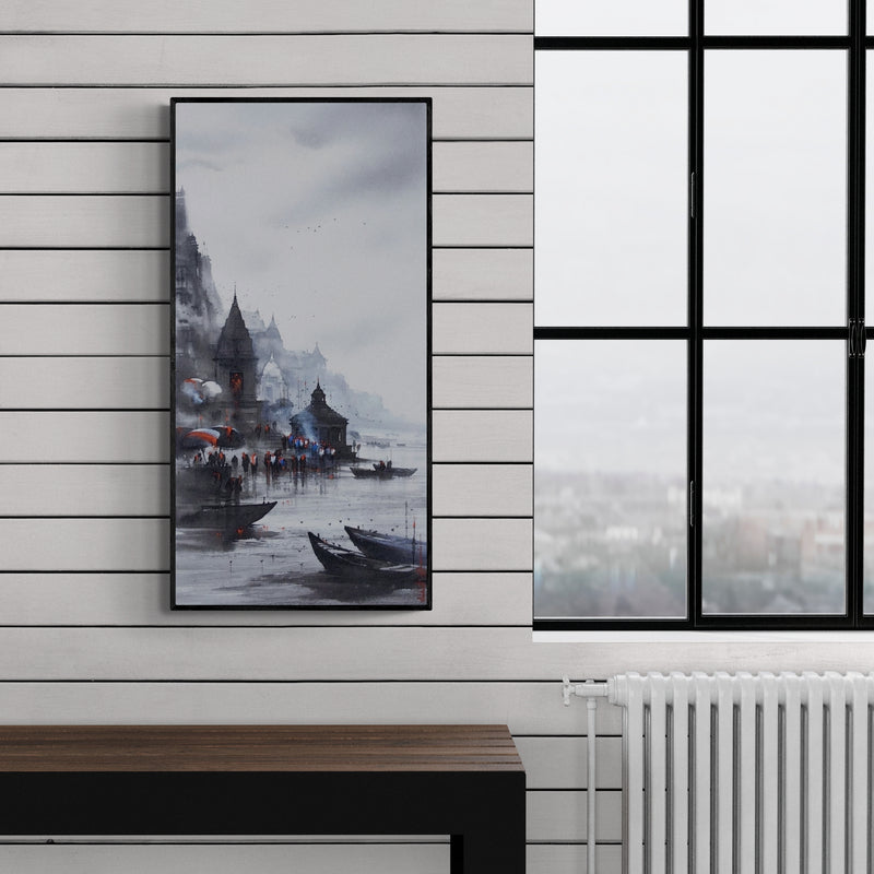 Preview of 'Banaras Ghat 49' Painting by Ashif Hossain shown on a wall in a furnished room.